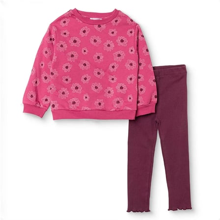 HelloBaby Kız Bebek Sweatshirt-Tayt Çiçek Baskılı Bisiklet Yaka Uzun Kol Reçme