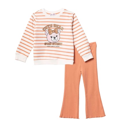 HelloBaby Kız Bebek Sweatshirt-Tayt Ayı Baskılı Bisiklet Yaka Uzun Kol Reçme