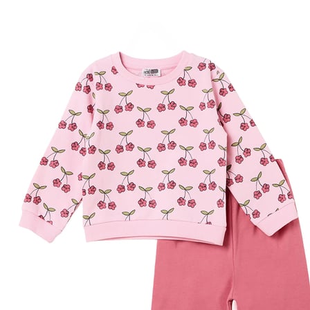 HelloBaby Kız Bebek Eşofman Takımı Kiraz Baskılı Bisiklet Yaka Uzun Kol Lastikli