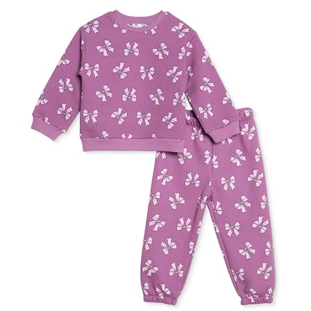 HelloBaby Kız Bebek Eşofman Takımı Fiyonk Baskılı Bisiklet Yaka Uzun Kol Lastikli