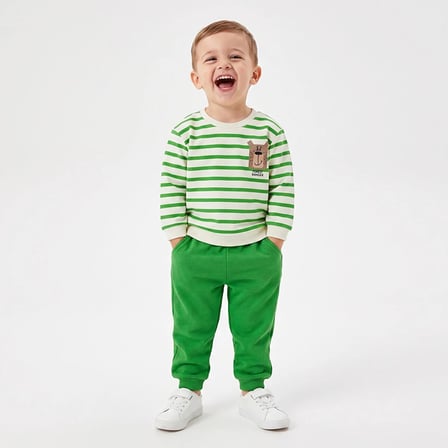 HelloBaby Erkek Bebek Eşofman Takımı Hayvan Baskılı Bisiklet Yaka Uzun Kol Ribanalı