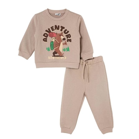 HelloBaby Erkek Bebek Eşofman Takımı Ayı Baskılı Bisiklet Yaka Long Sleeve Ribanalı