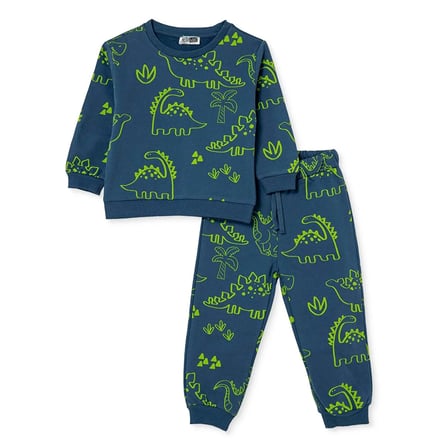 HelloBaby Erkek Bebek Eşofman Takımı Hayvan Baskılı Bisiklet Yaka Long Sleeve Ribanalı