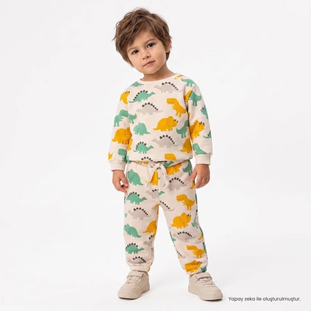 HelloBaby Erkek Bebek Eşofman Takımı Hayvan Baskılı Bisiklet Yaka Long Sleeve Ribanalı