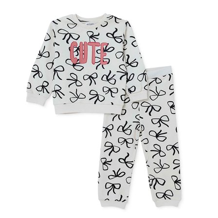 HelloBaby Kız Bebek Eşofman Takımı Fiyonk Baskılı Bisiklet Yaka Uzun Kol Lastikli