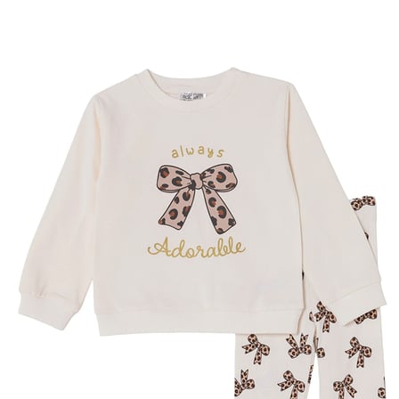 HelloBaby Kız Bebek Sweatshirt-Tayt Fiyonk Baskılı Bisiklet Yaka Uzun Kol Reçme