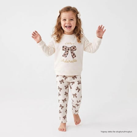 HelloBaby Kız Bebek Sweatshirt-Tayt Fiyonk Baskılı Bisiklet Yaka Uzun Kol Reçme