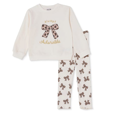 HelloBaby Kız Bebek Sweatshirt-Tayt Fiyonk Baskılı Bisiklet Yaka Uzun Kol Reçme