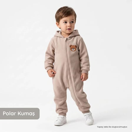 HelloBaby Erkek Bebek Polar Tulum Ayı Baskılı Fermuarlı Kapüşonlu Uzun Kol Ribanalı