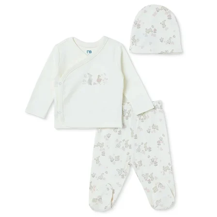 Mothercare Kız Bebek Zıbın-Şapka-Alt Hayvan Baskılı Çıtçıtlı V Yaka Long Sleeve Patikli