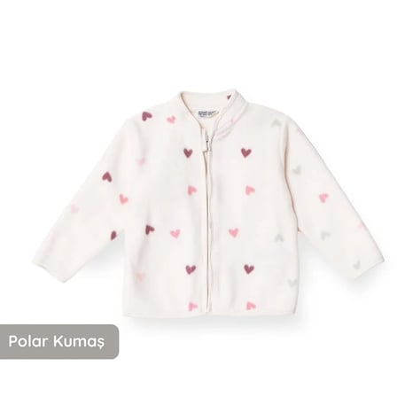 HelloBaby Kız Bebek Polar Hırka Kalp Baskılı Fermuarlı Dik Yaka Uzun Kol