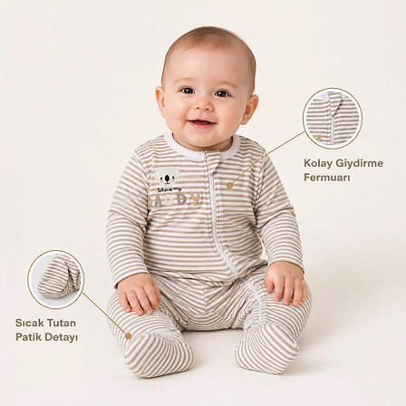 HelloBaby Erkek Bebek Tulum Çizgili Fermuarlı Bisiklet Yaka Uzun Kol Patikli