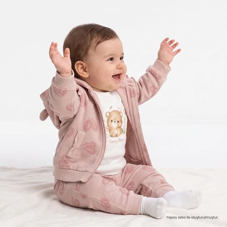 Bebetto Kız Bebek Sweatshirt-Hırka-Alt Kalp Baskılı Fermuarlı Bisiklet Yaka Long Sleeve Patiksiz