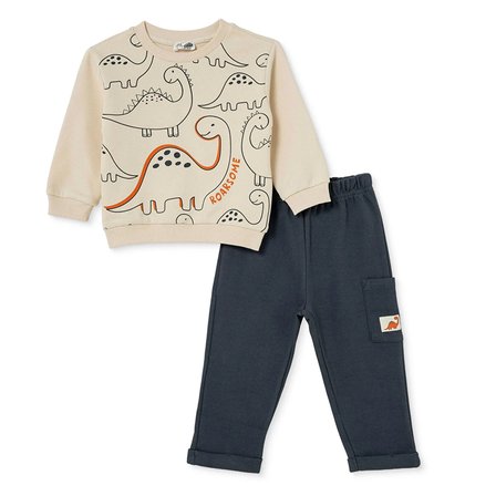 HelloBaby Erkek Bebek Eşofman Takımı Dinozor Baskılı Bağcıklı Bisiklet Yaka Long Sleeve Lastikli