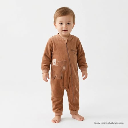 Bebetto Erkek Bebek Kadife Tulum Hayvan Baskılı Çıtçıtlı Bisiklet Yaka Long Sleeve Patiksiz