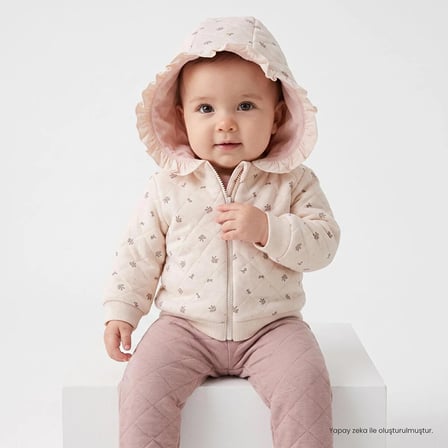 Bebetto Kız Bebek Sweatshirt-Hırka-Alt Çiçek Baskılı Fermuarlı Bisiklet Yaka Long Sleeve Patiksiz