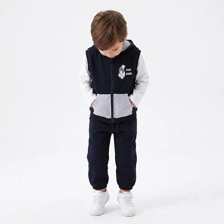 HelloBaby Erkek Bebek Eşofman Takımı Ayı Baskılı Fermuarlı Bisiklet Yaka Long Sleeve Ribanalı