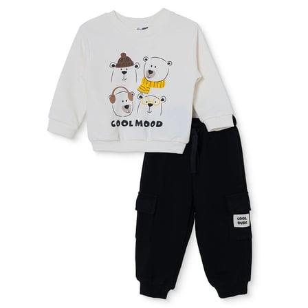 HelloBaby Erkek Bebek Eşofman Takımı Ayı Baskılı Bisiklet Yaka Long Sleeve Ribanalı