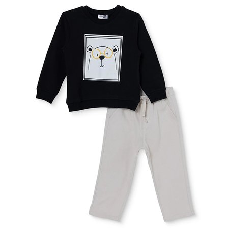 hellobaby erkek bebek tişört-pantolon ayı baskılı düğmeli bisiklet yaka long sleeve reçme