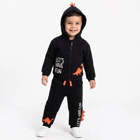 HelloBaby Erkek Bebek Eşofman Takımı Dinozor Baskılı Fermuarlı Kapüşonlu Long Sleeve Ribanalı