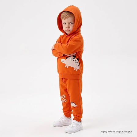 HelloBaby Erkek Bebek Eşofman Takımı Dinozor Baskılı Bağcıklı Kapüşonlu Long Sleeve Lastikli