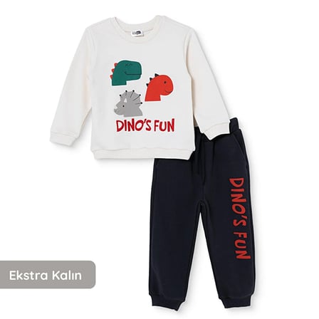 HelloBaby Erkek Bebek Eşofman Takımı Dinozor Baskılı Bisiklet Yaka Long Sleeve Ribanalı