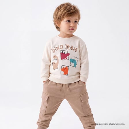 HelloBaby Erkek Bebek Eşofman Takımı Hayvan Baskılı Bağcıklı Bisiklet Yaka Long Sleeve Lastikli