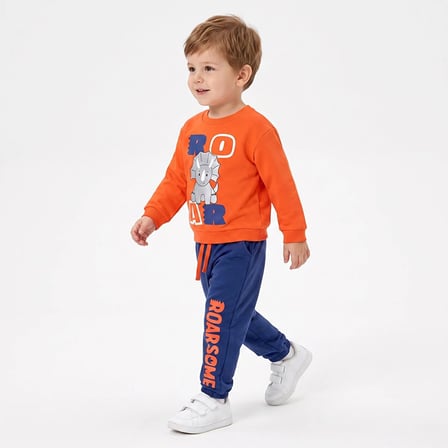 HelloBaby Erkek Bebek Eşofman Takımı Dinozor Baskılı Bağcıklı Bisiklet Yaka Long Sleeve Ribanalı