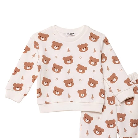 HelloBaby Erkek Bebek Eşofman Takımı Ayı Baskılı Bağcıklı Bisiklet Yaka Long Sleeve Ribanalı
