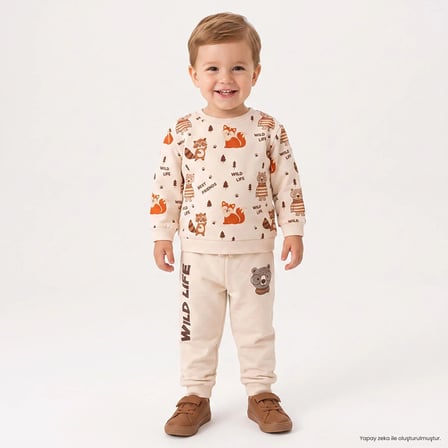 HelloBaby Erkek Bebek Eşofman Takımı Hayvan Baskılı Bisiklet Yaka Long Sleeve Ribanalı