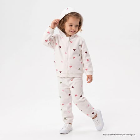 HelloBaby Kız Bebek Eşofman Takımı Kalp Baskılı Fermuarlı Kapüşonlu Long Sleeve Lastikli