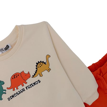 HelloBaby Erkek Bebek Eşofman Takımı Dinozor Baskılı Bağcıklı Bisiklet Yaka Long Sleeve Ribanalı