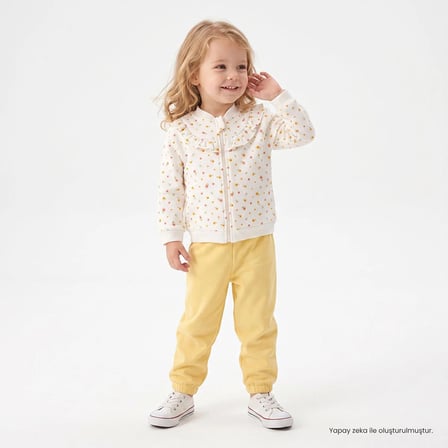 HelloBaby Kız Bebek Eşofman Takımı Çiçek Baskılı Fermuarlı Kapüşonlu Long Sleeve Lastikli