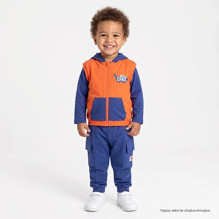 HelloBaby Erkek Bebek Eşofman Takımı Dinozor Baskılı Fermuarlı Kapüşonlu Long Sleeve Lastikli