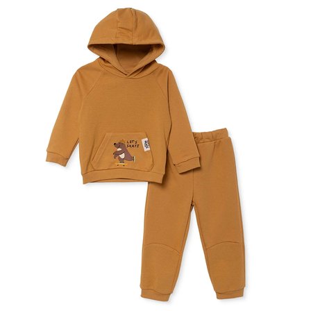 HelloBaby Erkek Bebek Eşofman Takımı Ayı Baskılı Bağcıklı Kapüşonlu Long Sleeve Ribanalı