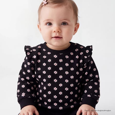 HelloBaby Kız Bebek Sweatshirt Çiçek Baskılı Çıtçıtlı Bisiklet Yaka Long Sleeve