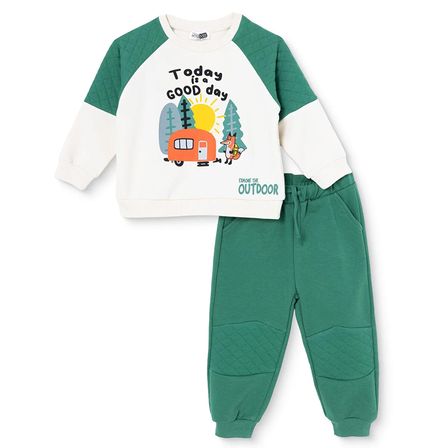 HelloBaby Erkek Bebek Eşofman Takımı Kamp Baskılı Bağcıklı Bisiklet Yaka Long Sleeve Ribanalı