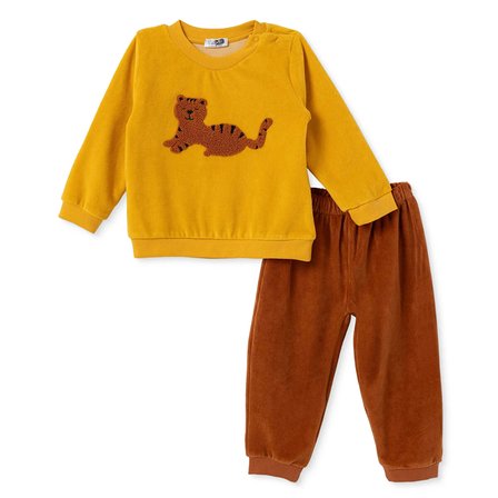 HelloBaby Erkek Bebek Kadife Pijama Takımı Hayvan Baskılı Çıtçıtlı Bisiklet Yaka Long Sleeve Ribanalı