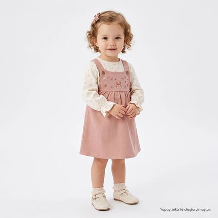 HelloBaby Kız Bebek Salopet-Tişört Çiçek Baskılı Düğmeli Bisiklet Yaka Long Sleeve Reçme