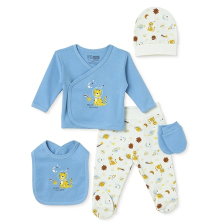 HelloBaby Erkek Bebek 5li Hastane Çıkışı Hayvan Baskılı Çıtçıtlı Zarf Yaka Long Sleeve Patikli
