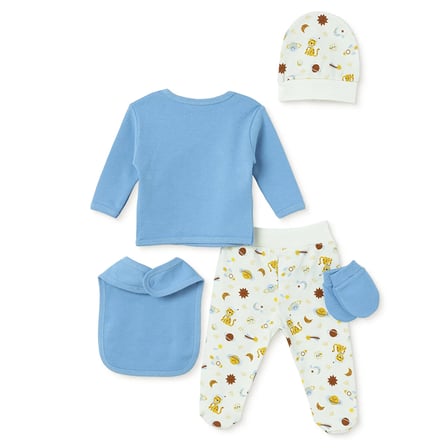 HelloBaby Erkek Bebek 5li Hastane Çıkışı Hayvan Baskılı Çıtçıtlı Zarf Yaka Long Sleeve Patikli
