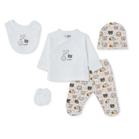 HelloBaby Erkek Bebek 5li Hastane Çıkışı Hayvan Baskılı Çıtçıtlı Bisiklet Yaka Long Sleeve Patikli