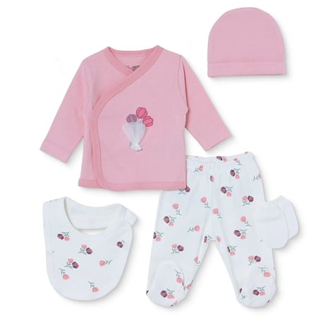 HelloBaby Kız Bebek 5li Hastane Çıkışı Çiçek Baskılı Çıtçıtlı Zarf Yaka Long Sleeve Patikli
