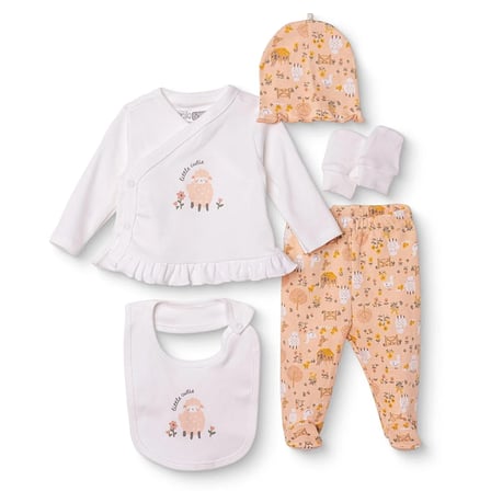 HelloBaby Kız Bebek 5li Hastane Çıkışı Hayvan Baskılı Çıtçıtlı Bisiklet Yaka Long Sleeve Patikli