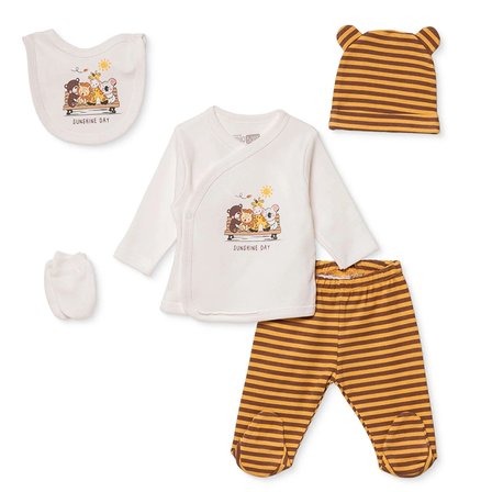 HelloBaby Erkek Bebek 5li Hastane Çıkışı Hayvan Baskılı Çıtçıtlı Zarf Yaka Long Sleeve Patikli