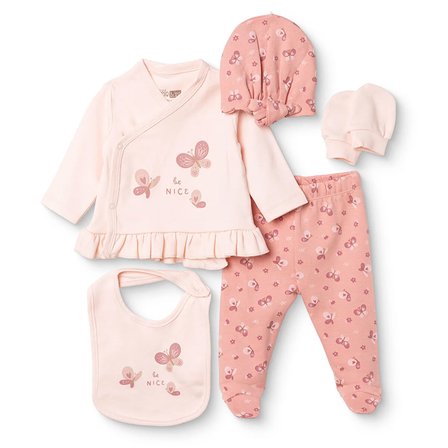 HelloBaby Kız Bebek 5li Hastane Çıkışı Çiçek Baskılı Çıtçıtlı Zarf Yaka Long Sleeve Patikli