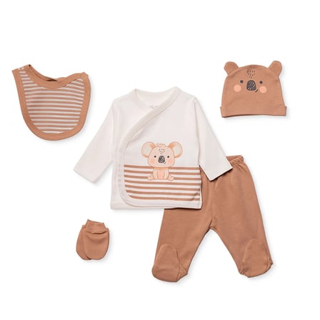 HelloBaby Erkek Bebek 5li Hastane Çıkışı Hayvan Baskılı Çıtçıtlı Zarf Yaka Long Sleeve Patikli