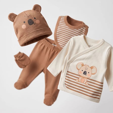 HelloBaby Erkek Bebek 5li Hastane Çıkışı Hayvan Baskılı Çıtçıtlı Zarf Yaka Long Sleeve Patikli