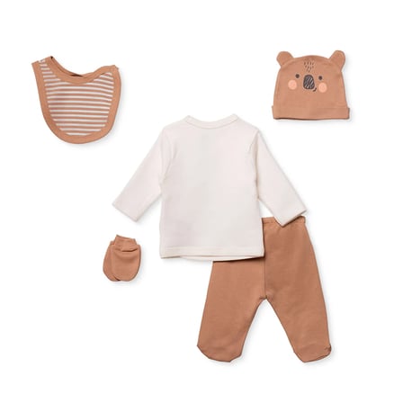 HelloBaby Erkek Bebek 5li Hastane Çıkışı Hayvan Baskılı Çıtçıtlı Zarf Yaka Long Sleeve Patikli