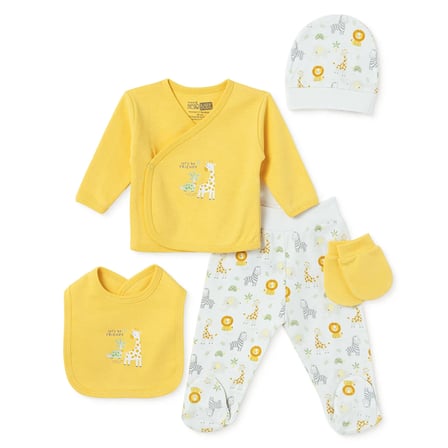 HelloBaby Erkek Bebek 5li Hastane Çıkışı Hayvan Baskılı Çıtçıtlı Zarf Yaka Long Sleeve Patikli